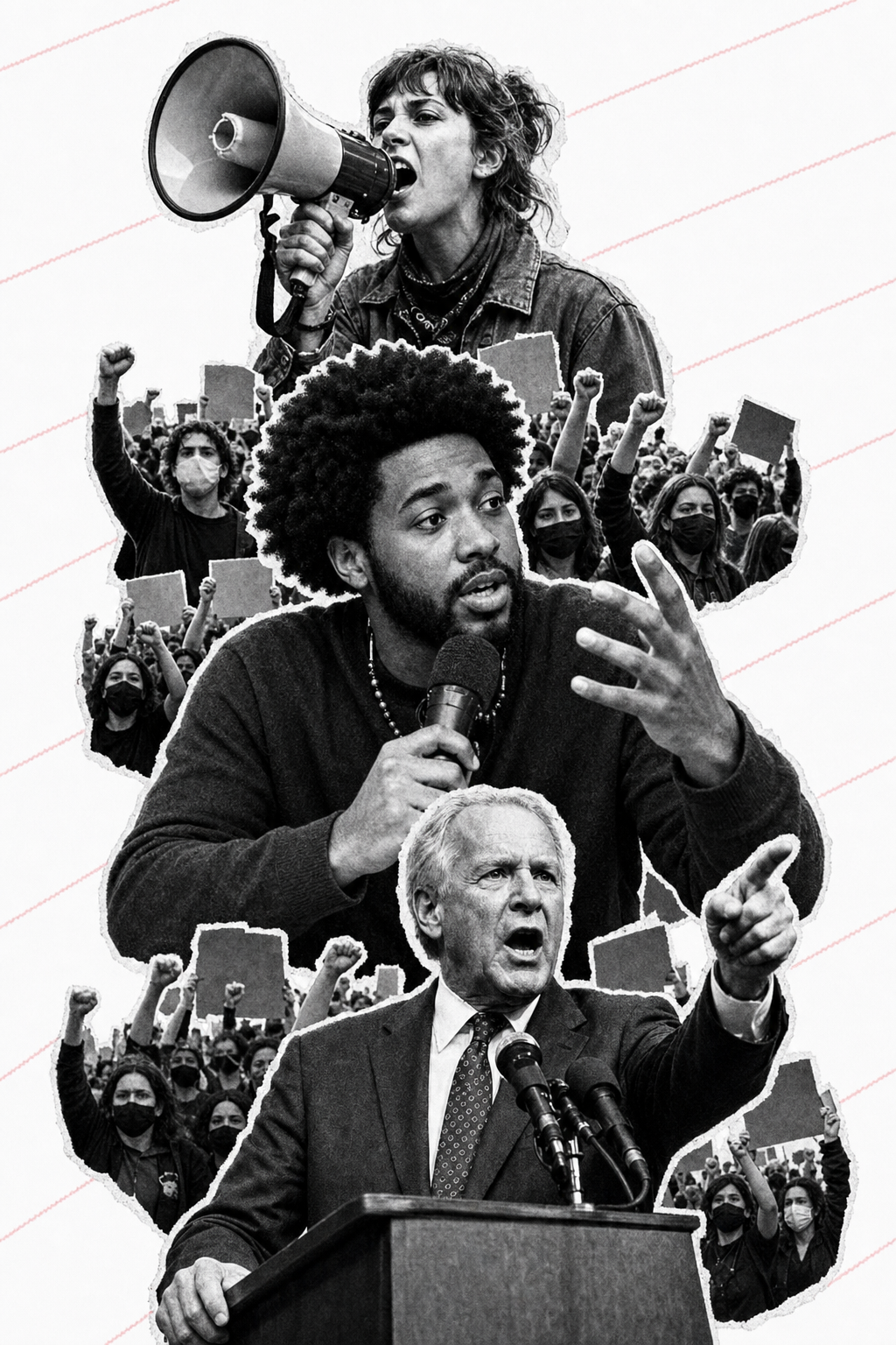 Political photomontage: activist with megaphone, podcaster with mic, and politician speaking — vertical cut-out poster style