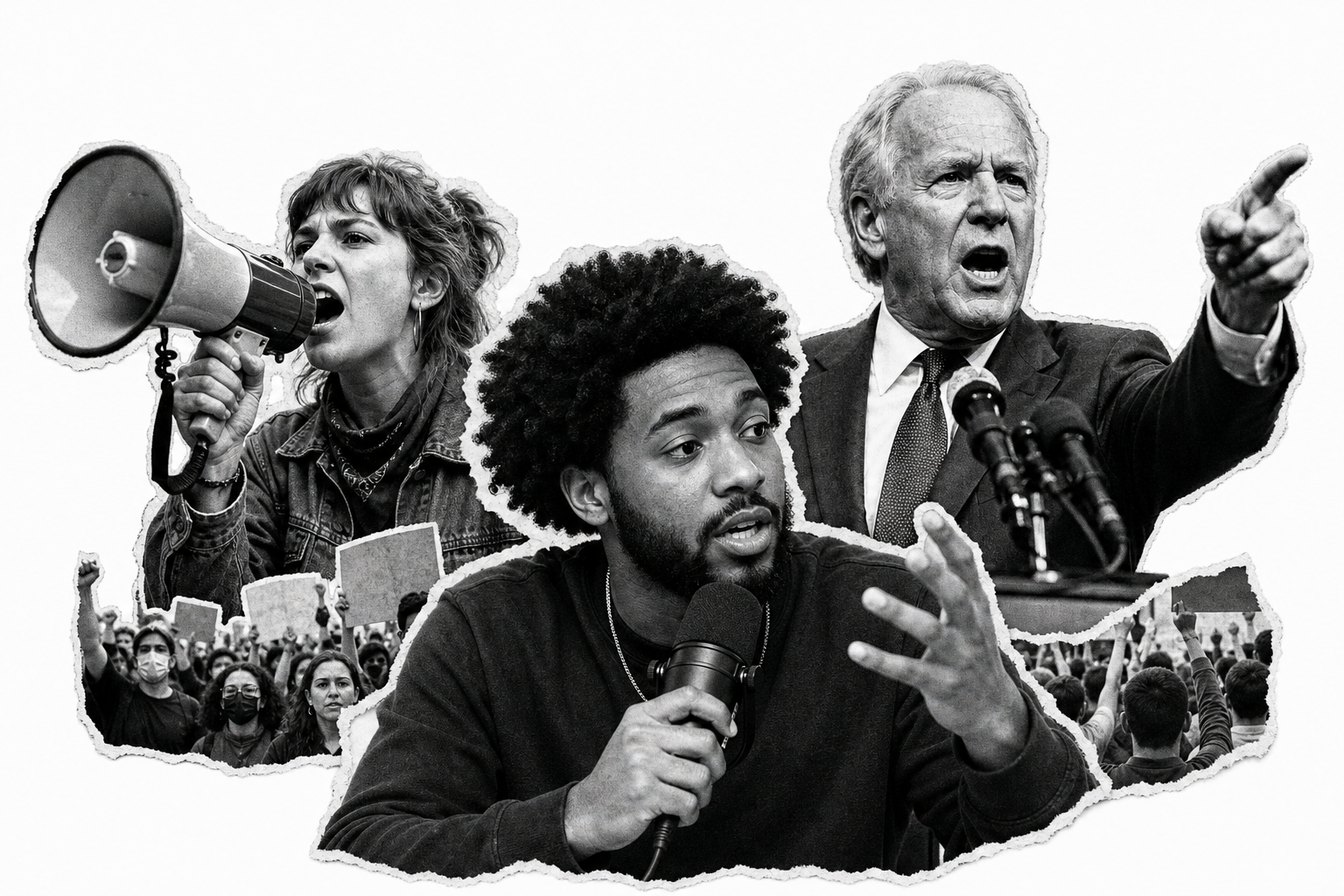 Political photomontage: activist with megaphone, podcaster with mic, and politician speaking — cut-out poster style