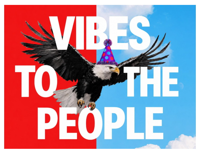 Vibes To The People — a bald eagle in flight over red and blue
